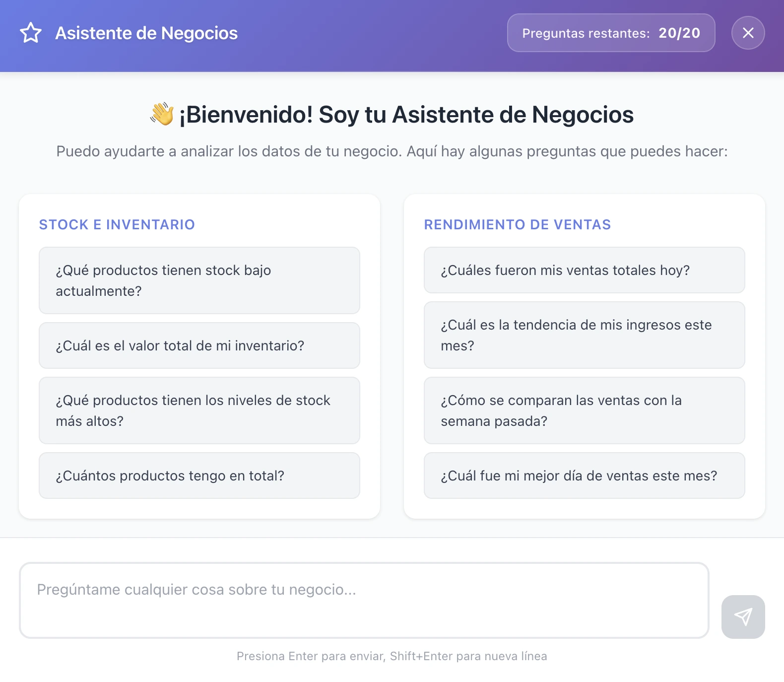 Vendamos AI business assistant suggesting questions about inventory and sales performance